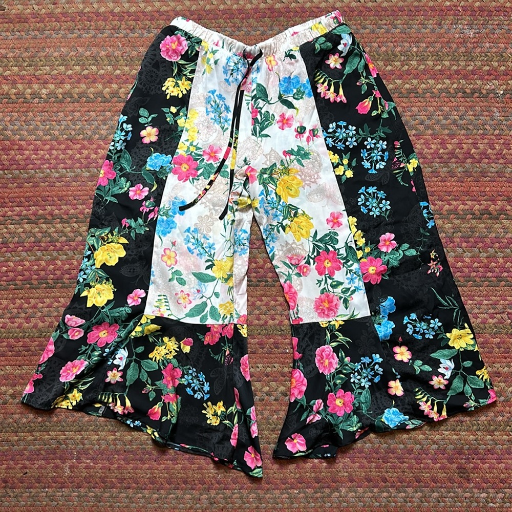 Double Floral Print Patchwork Ruffle Trim Satin P… - image 1